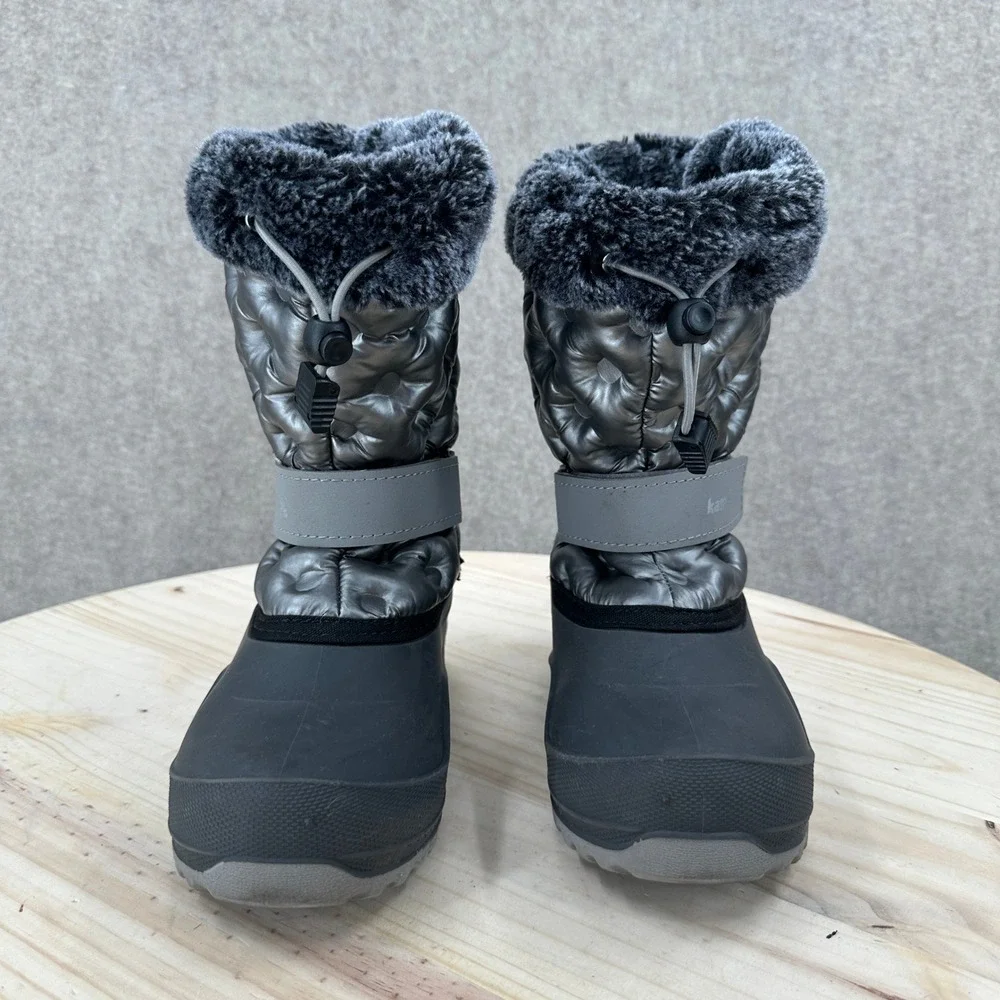 Kamik Kids Penny 3 Winter Boots Metallic Silver Quilted Snow Boots 2 Faux Fur